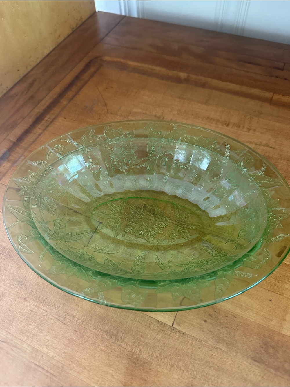 Jeanette’s Glass Ponsettia Uranium Glass Oval Bowl